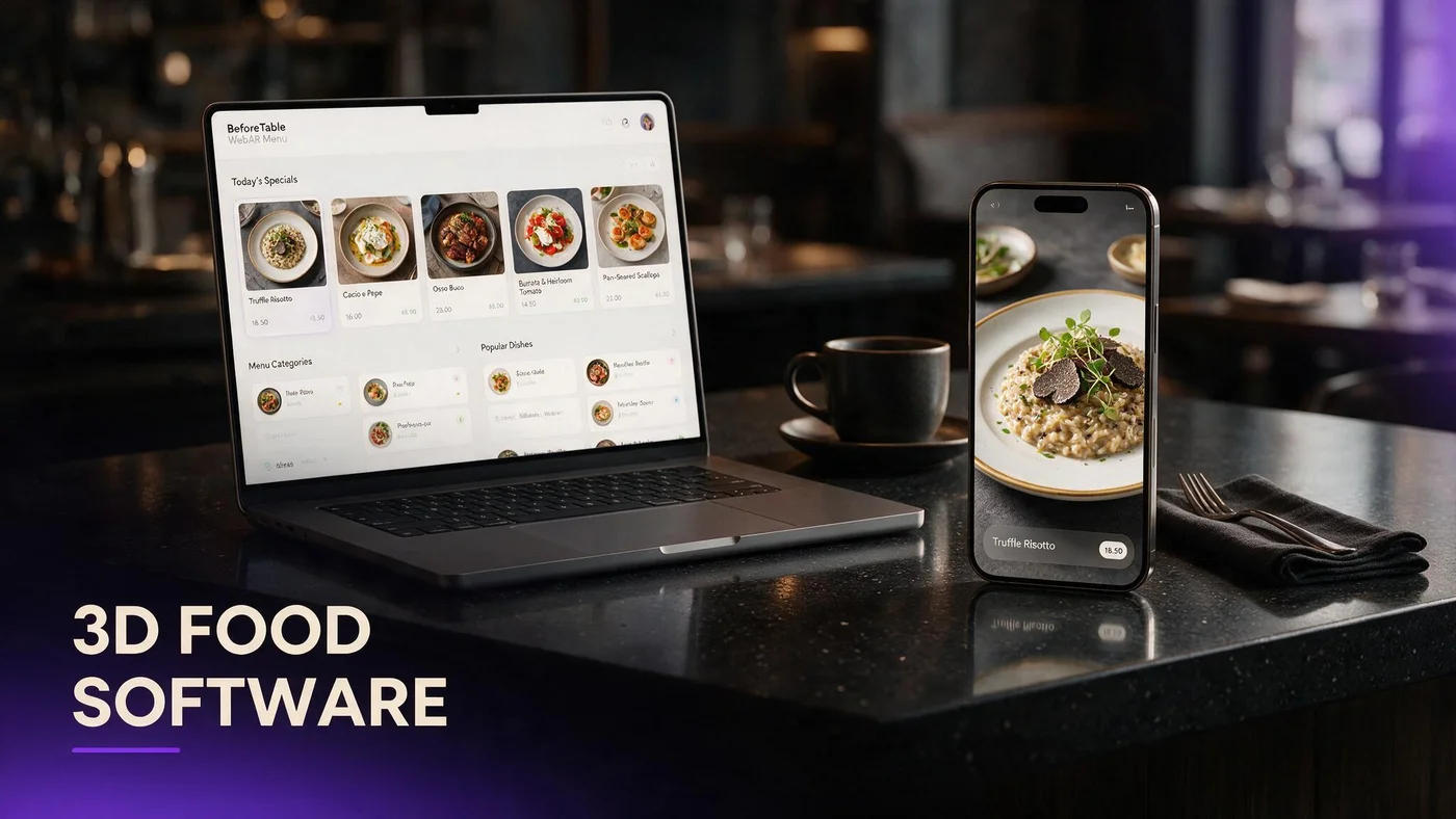 3D Food Menu Software: What to Look for in 2026 Restaurant owner comparing 3D food menu software options on a laptop next to a phone showing an AR dish preview