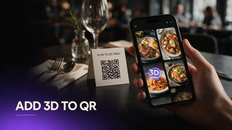 Restaurant owner uploading dish photos to add 3D models to a QR menu with phone showing WebAR preview beside a printed table tent