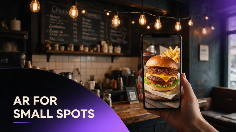 Independent small restaurant owner reviewing affordable AR menu pricing on a laptop with WebAR dish preview on phone beside a compact dining room