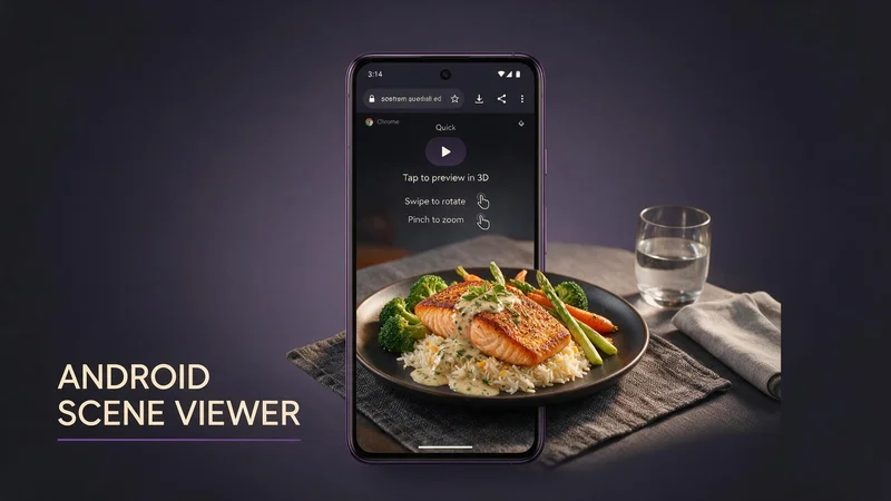 Android phone in Chrome showing a restaurant dish in Scene Viewer AR preview after scanning a table QR menu