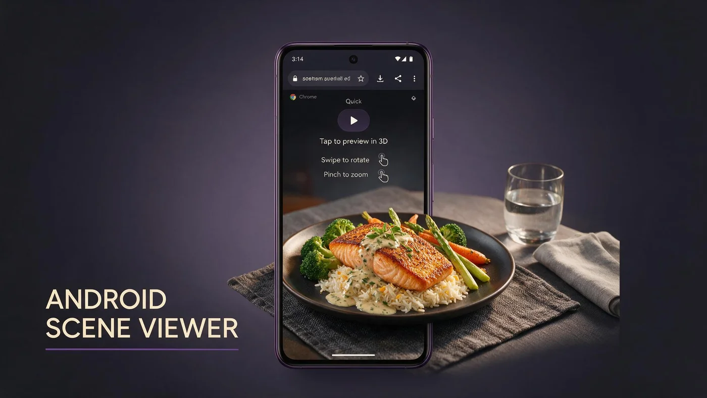 Android Scene Viewer for Restaurant Menus: Chrome WebAR and 3D Dish Preview in 2026 Android phone in Chrome showing a restaurant dish in Scene Viewer AR preview after scanning a table QR menu