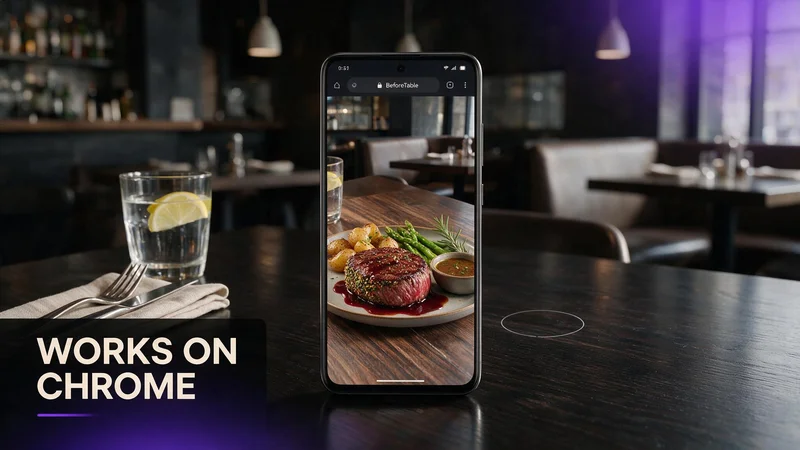 Android phone showing a restaurant dish preview opening in Chrome with a Scene Viewer AR button