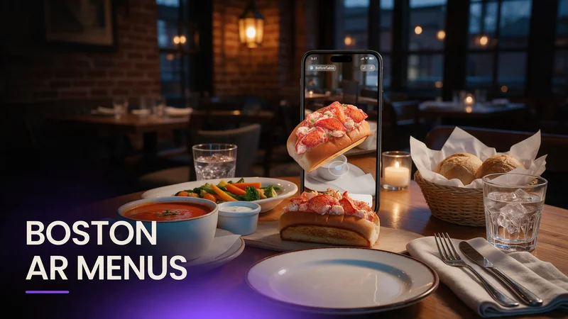 A guest scanning a table QR code to view a rotating 3D AR seafood dish preview at a Boston restaurant