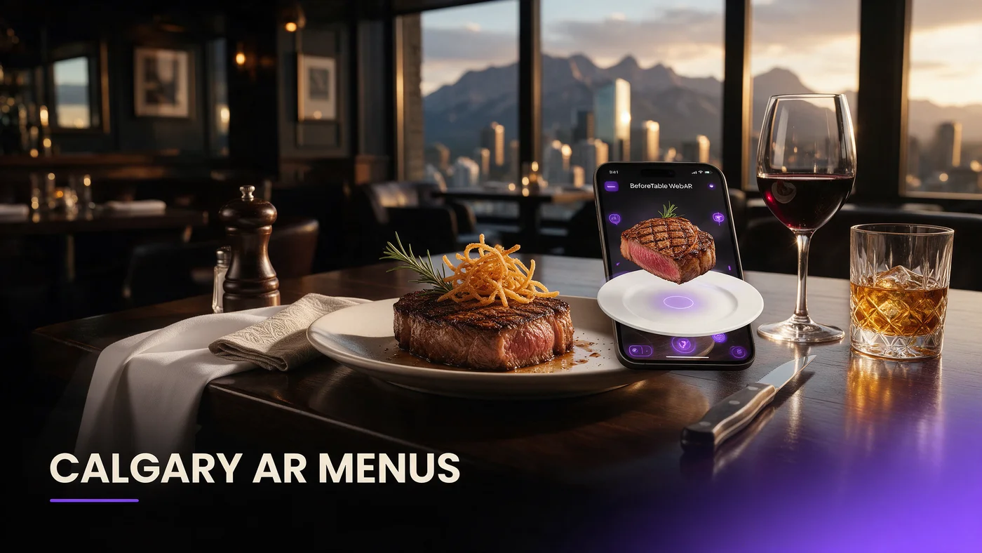 AR Menu Calgary Restaurants: WebAR QR Menus for Prairie Independents (2026) A guest scanning a table QR code to view a rotating 3D AR dish preview at a Calgary steakhouse on Stephen Avenue