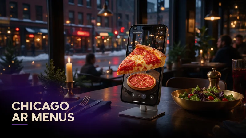 A phone showing a rotating 3D AR dish preview after scanning a table QR code at a Chicago restaurant