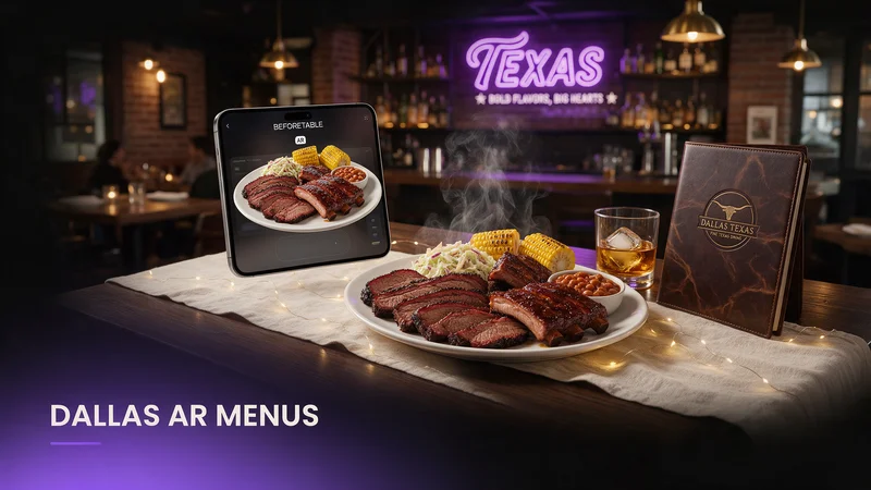 A phone showing a rotating 3D AR dish preview after scanning a table QR code at a Dallas restaurant