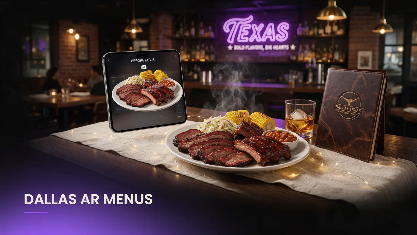 AR Menu Dallas Restaurants: WebAR QR for North Texas Independents (2026) A phone showing a rotating 3D AR dish preview after scanning a table QR code at a Dallas restaurant
