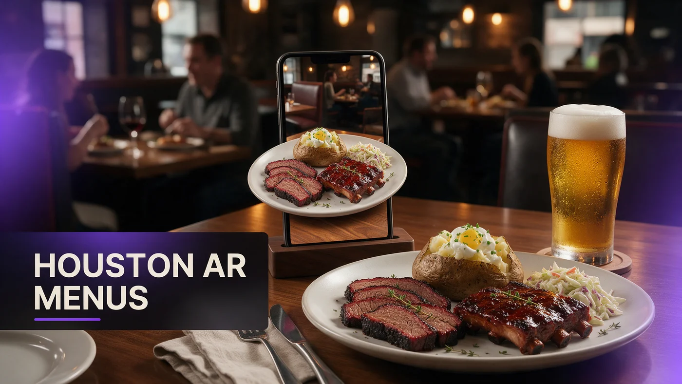 AR Menu Houston Restaurants: WebAR Table QR for Texas Independents (2026) A guest scanning a table QR code to view a rotating 3D AR dish preview at a Houston restaurant