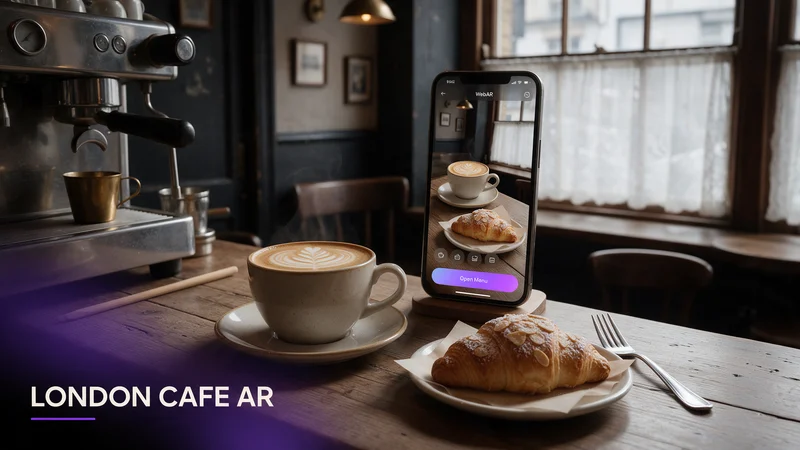 A guest scanning a QR code to view a rotating 3D AR pastry preview at an independent London cafe