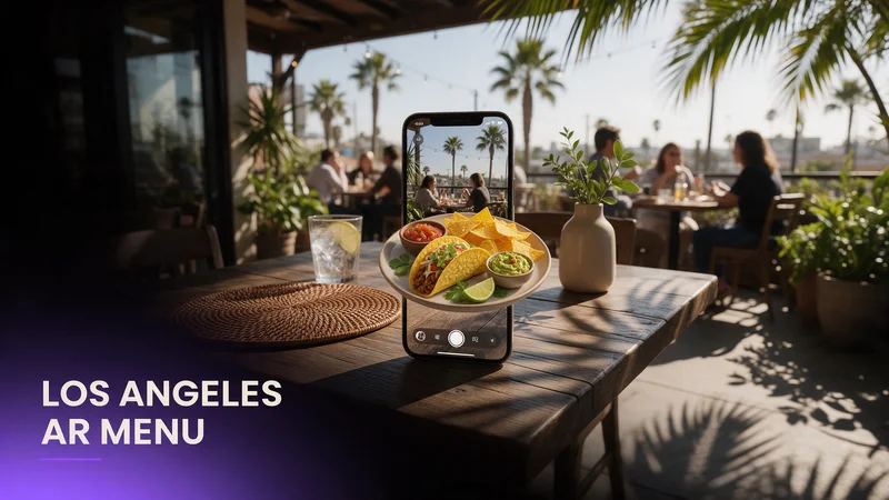 A guest scanning a table QR code to view a rotating 3D AR dish preview at a Los Angeles restaurant