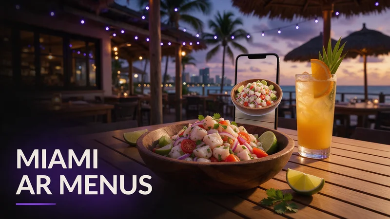 A guest scanning a table QR code to view a rotating 3D AR dish preview at a Miami restaurant