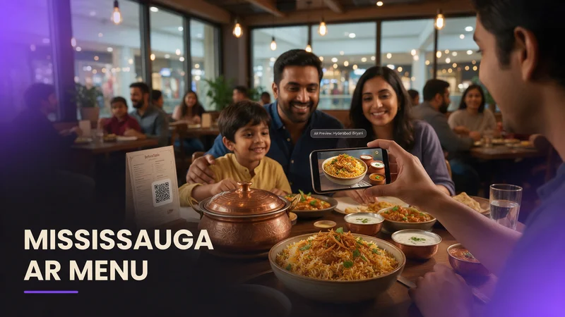 A family scanning a table QR code to view a rotating 3D AR dish preview at a Mississauga restaurant