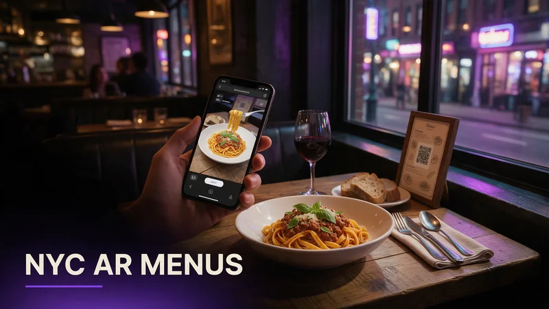 A guest scanning a table QR code to view a rotating 3D AR dish preview at a Brooklyn restaurant