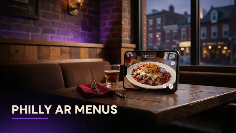 A guest scanning a table QR code to view a rotating 3D AR dish preview at a Philadelphia restaurant