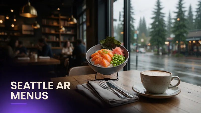 A guest scanning a table QR code to view a rotating 3D AR dish preview at a Seattle restaurant