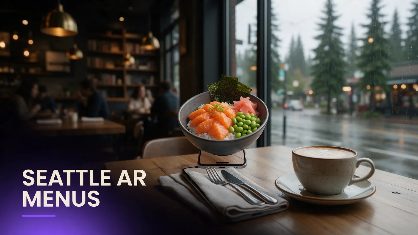 AR Menu Seattle Restaurants: WebAR QR for Pacific Northwest Independents (2026) A guest scanning a table QR code to view a rotating 3D AR dish preview at a Seattle restaurant