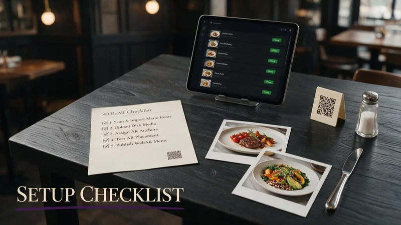 Restaurant owner desk with an AR menu setup checklist, plated dish photos, a tablet showing Ready badges, and a test QR table tent
