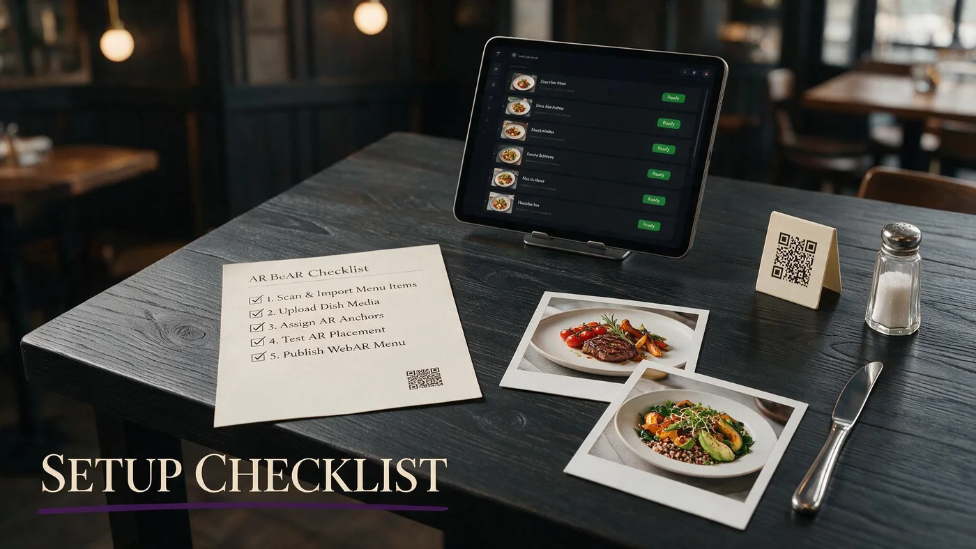 Restaurant AR Menu Setup Checklist (Free, 2026) Restaurant owner desk with an AR menu setup checklist, plated dish photos, a tablet showing Ready badges, and a test QR table tent