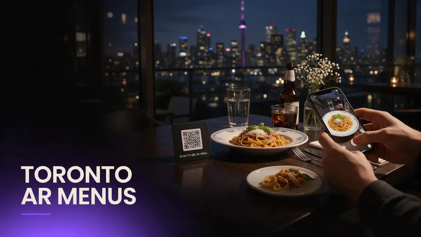AR Menu Toronto Restaurants: Table QR WebAR for Independent Dining (2026) A phone showing a rotating 3D AR dish preview after scanning a table QR code at a Toronto restaurant