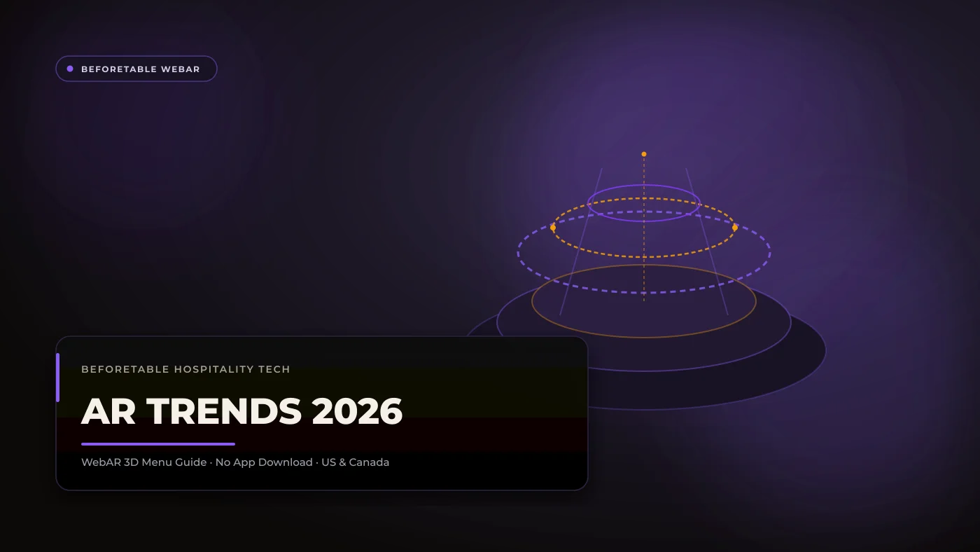 AR Menu Trends for 2026: Where Digital Hospitality Is Heading A visionary hospitality tech concept showing future 2026 augmented reality restaurant menus and interactive tabletop dining tools