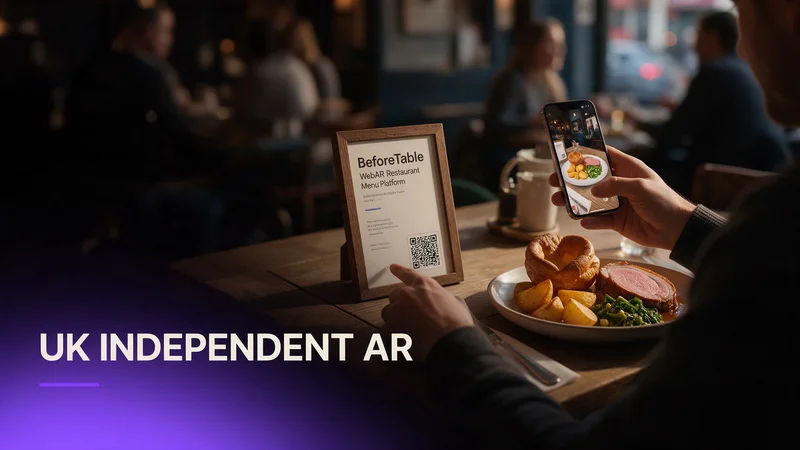 A guest scanning a table QR code to view a rotating 3D AR dish preview at an independent UK restaurant