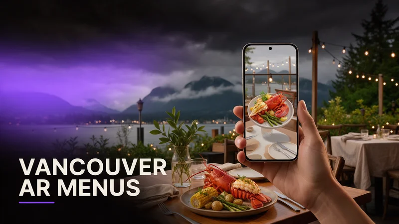 A guest scanning a table QR code to view a rotating 3D AR dish preview at a Vancouver restaurant
