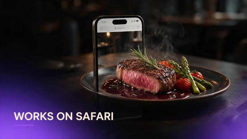 iPhone showing a restaurant dish in AR Quick Look placed on a real table through Safari