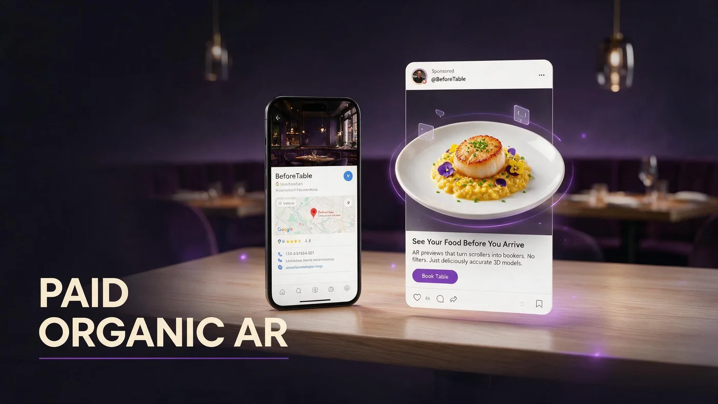 AR Advertising for Restaurant Menus: Paid + Organic (2026) Paid social ad mockup for a restaurant augmented reality menu with 3D dish preview and QR call to action on a phone held by a diner in Canada