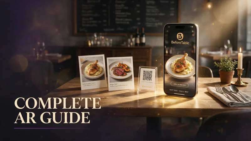 Comprehensive augmented reality food menu guide shown on a phone with 3D dish preview, table QR tent, and plated entree at a US restaurant