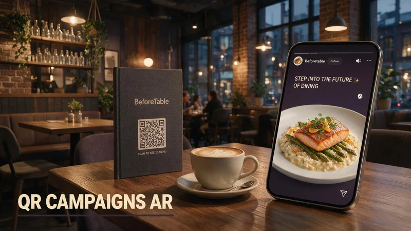 Restaurant marketing team planning an augmented reality campaign with phone mockups showing 3D dish preview and table QR collateral for a US indie venue