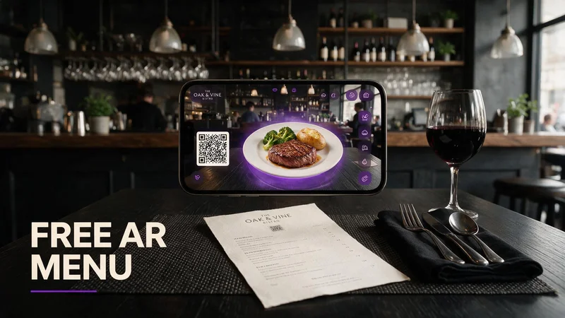 Restaurant guest scanning a table QR code and viewing a 3D dish preview on an augmented reality menu in iPhone Safari at a US independent dining room