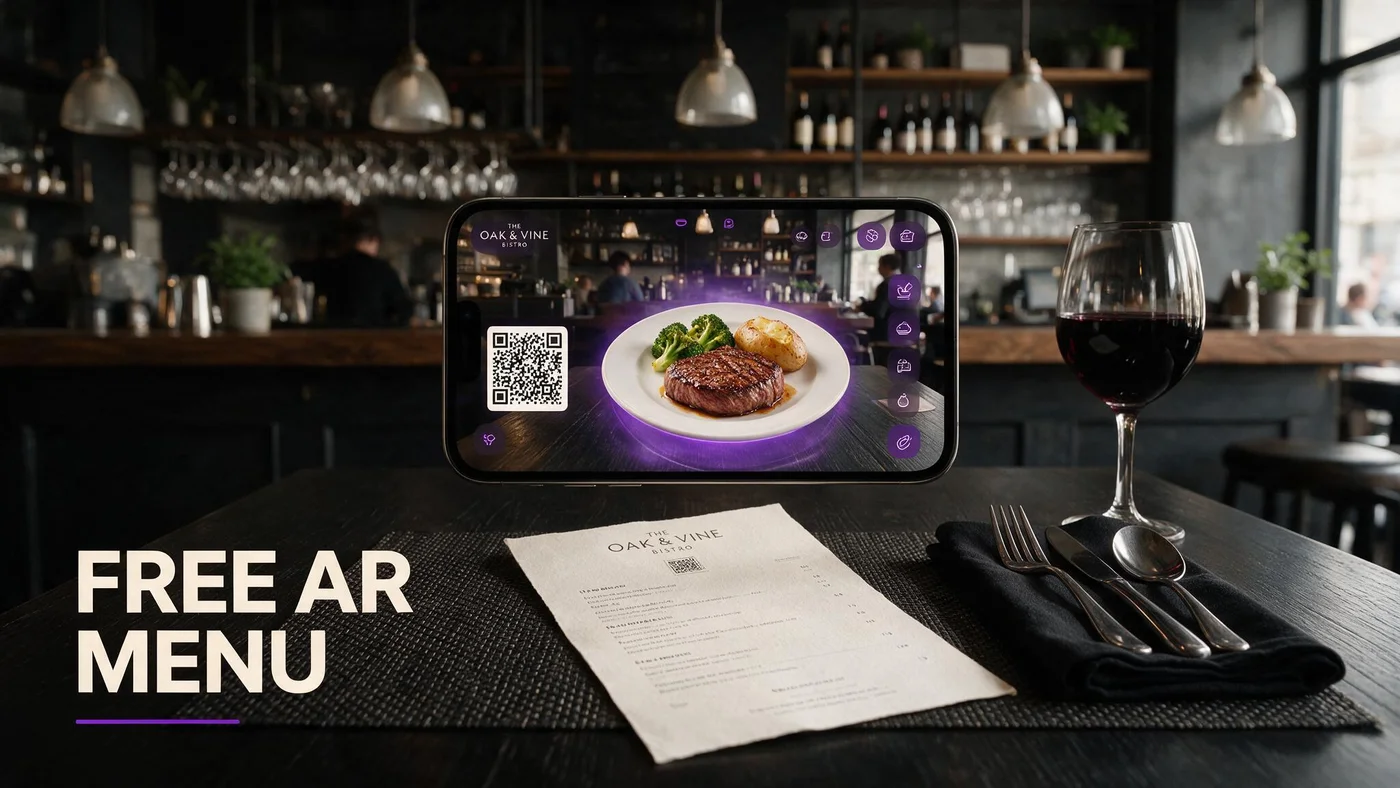 AR Menu for Restaurants (Free, No App) | 2026 Guide Restaurant guest scanning a table QR code and viewing a 3D dish preview on an augmented reality menu in iPhone Safari at a US independent dining room