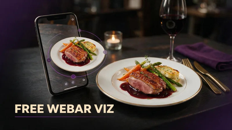 3D food product visualization on a phone showing a rotating restaurant dish in WebAR preview beside a plated entree on a US restaurant table