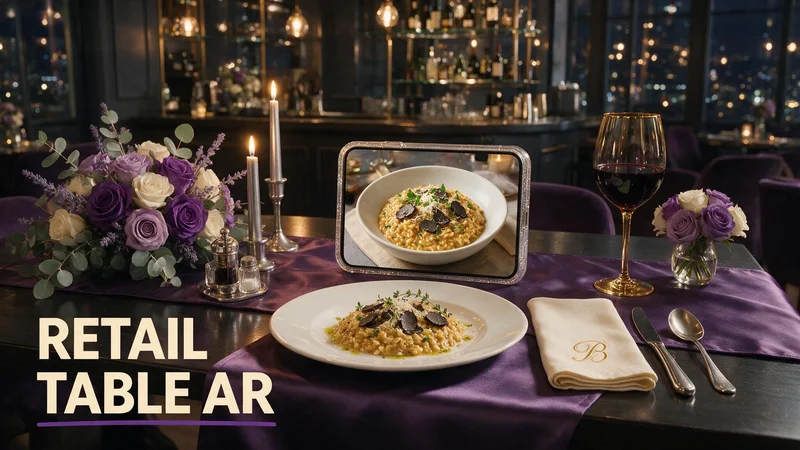 Restaurant table with QR menu tent showing retail-style 3D dish preview on a phone beside plated food at a US independent dining room