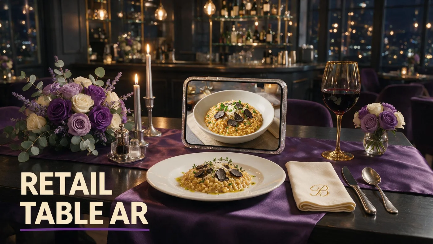 Retail-Style AR at Your Table: Free Menu Preview (2026) Restaurant table with QR menu tent showing retail-style 3D dish preview on a phone beside plated food at a US independent dining room