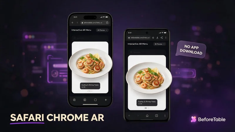 Split view of iPhone Safari and Android Chrome showing augmented reality web browser menu with 3D dish preview after scanning a restaurant table QR code
