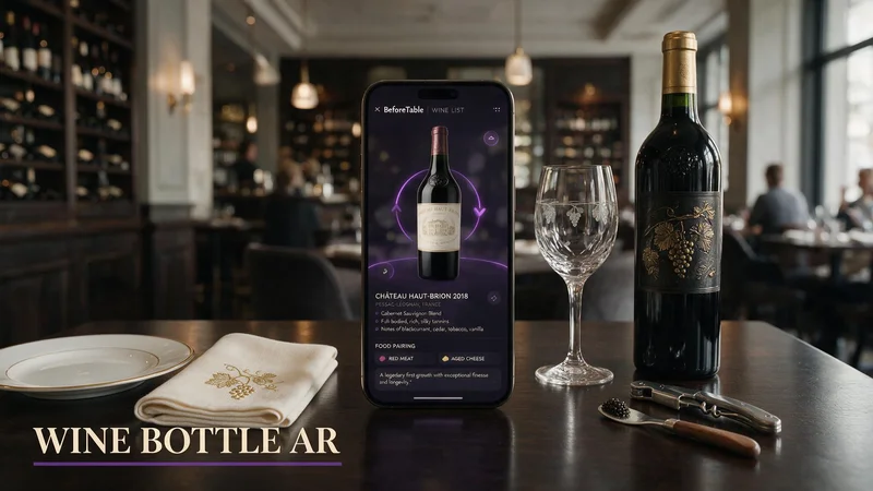 Restaurant guest previewing a wine bottle in augmented reality on iPhone Safari after scanning a table QR wine list at a US dining room
