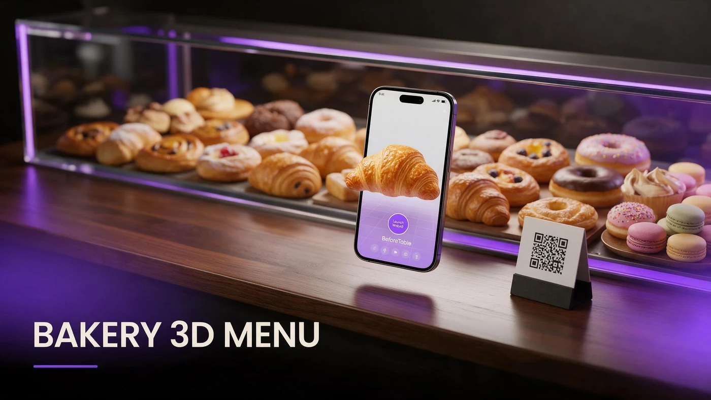 Bakery 3D Pastry Menu QR: Free AR Setup Guide (2026) A layered cake shown in 3D AR preview on a phone at a bakery counter
