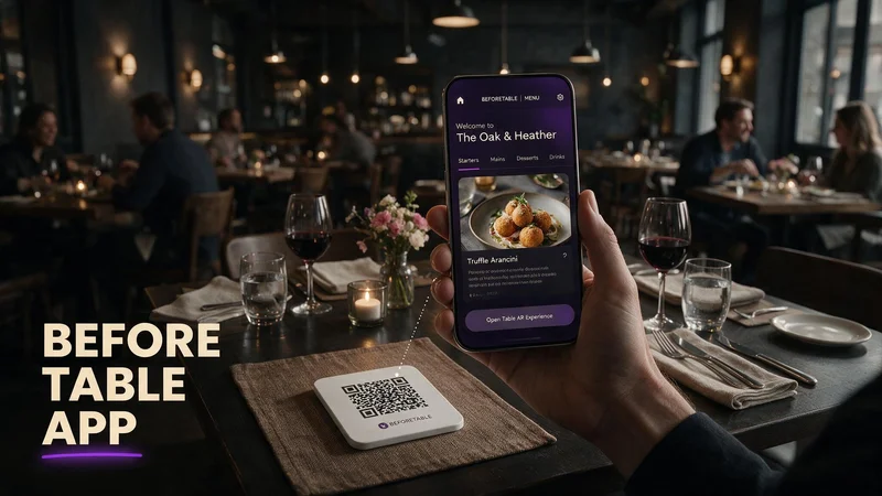 Restaurant owner phone showing BeforeTable browser menu with 3D dish preview and no App Store download required