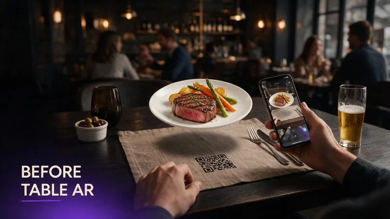 Guest at a US restaurant table scanning a QR tent and viewing a Before Table AR menu dish in 3D on a phone