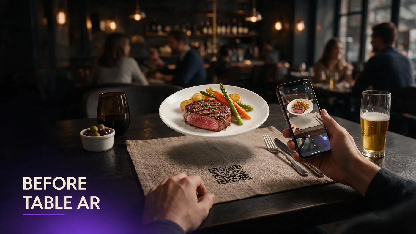 Before Table AR Menu: WebAR Dishes, No App (2026) Guest at a US restaurant table scanning a QR tent and viewing a Before Table AR menu dish in 3D on a phone