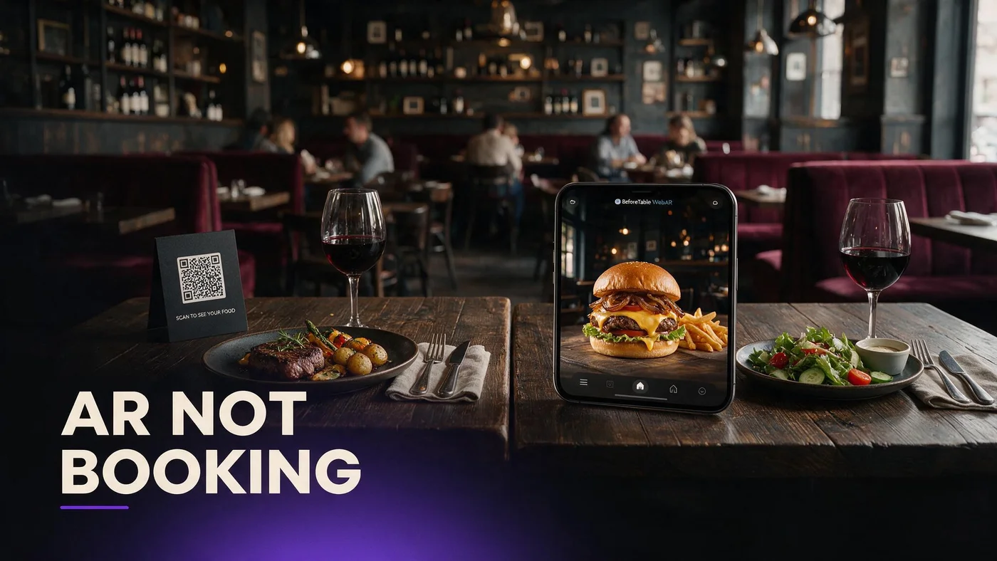 Before Table vs First Table: AR Menu, Not Booking Deals Restaurant table QR tent and phone showing a 3D dish preview, illustrating Before Table AR menus rather than a booking-deal app