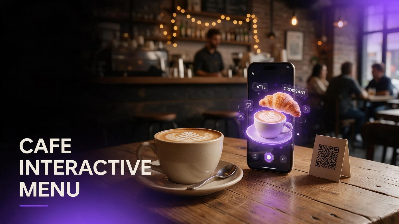 Interactive Menu for Cafes: Free WebAR QR Setup (2026) A latte and pastry shown in 3D AR preview on a phone at a cafe counter