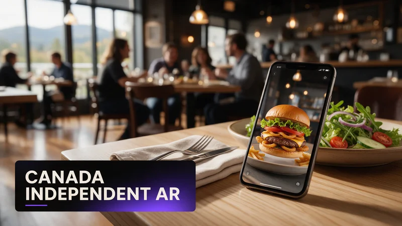 A guest scanning a table QR code to view a rotating 3D AR dish preview at an independent restaurant in a smaller Canadian city