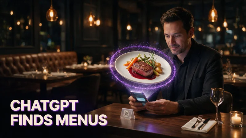 Restaurant owner viewing AI menu recommendations on a phone beside a 3D AR dish preview on a table