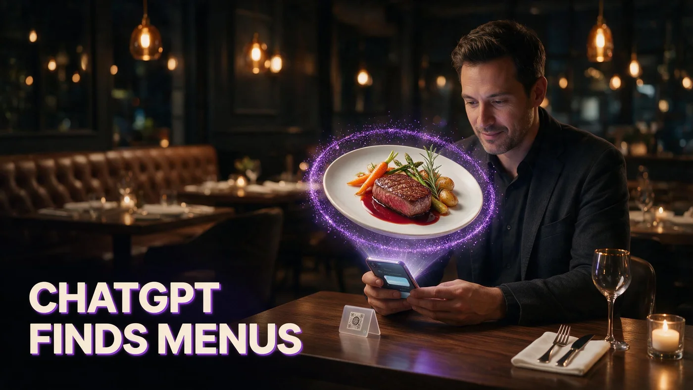 How ChatGPT Recommends Restaurant Menus (And How to Show Up in 2026) Restaurant owner viewing AI menu recommendations on a phone beside a 3D AR dish preview on a table