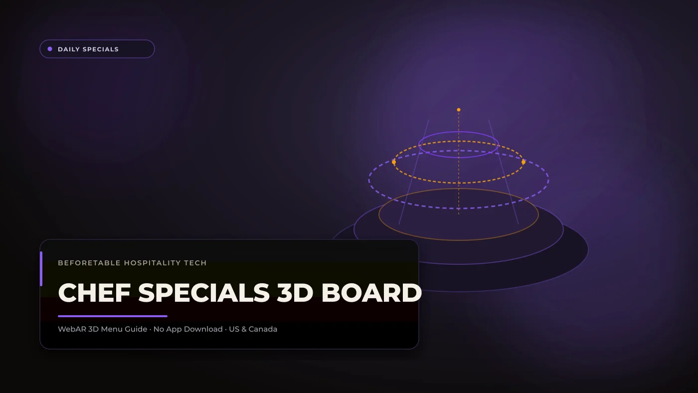 Chef Specials 3D Board: Rotating Daily Dishes with Table QR Codes Chef Specials 3D Board: Rotating Daily Dishes with Table QR Codes - BeforeTable WebAR Restaurant Menu Guide