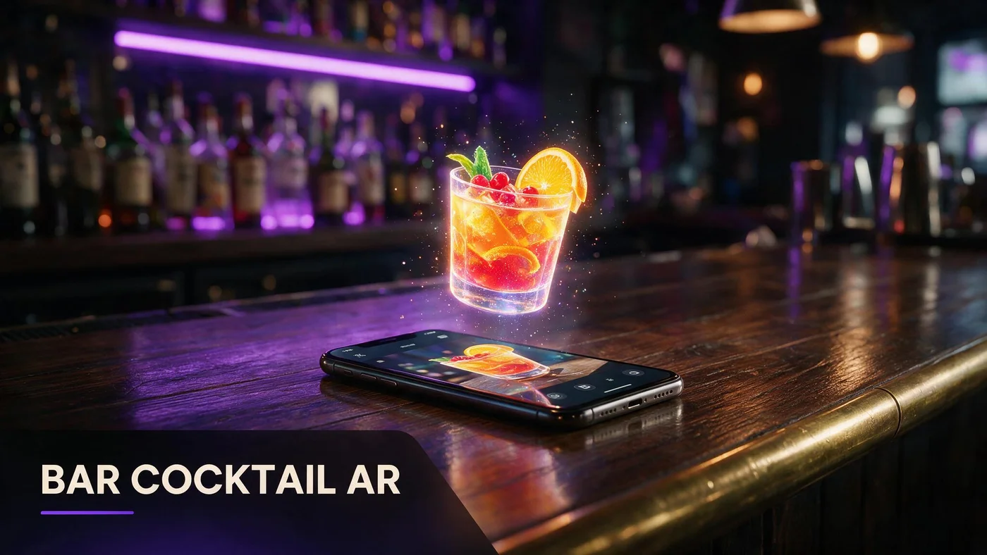 Cocktail AR Menu for Bars: QR Setup Guide (2026) A colorful cocktail shown in 3D AR preview on a phone at a bar counter with a QR tent