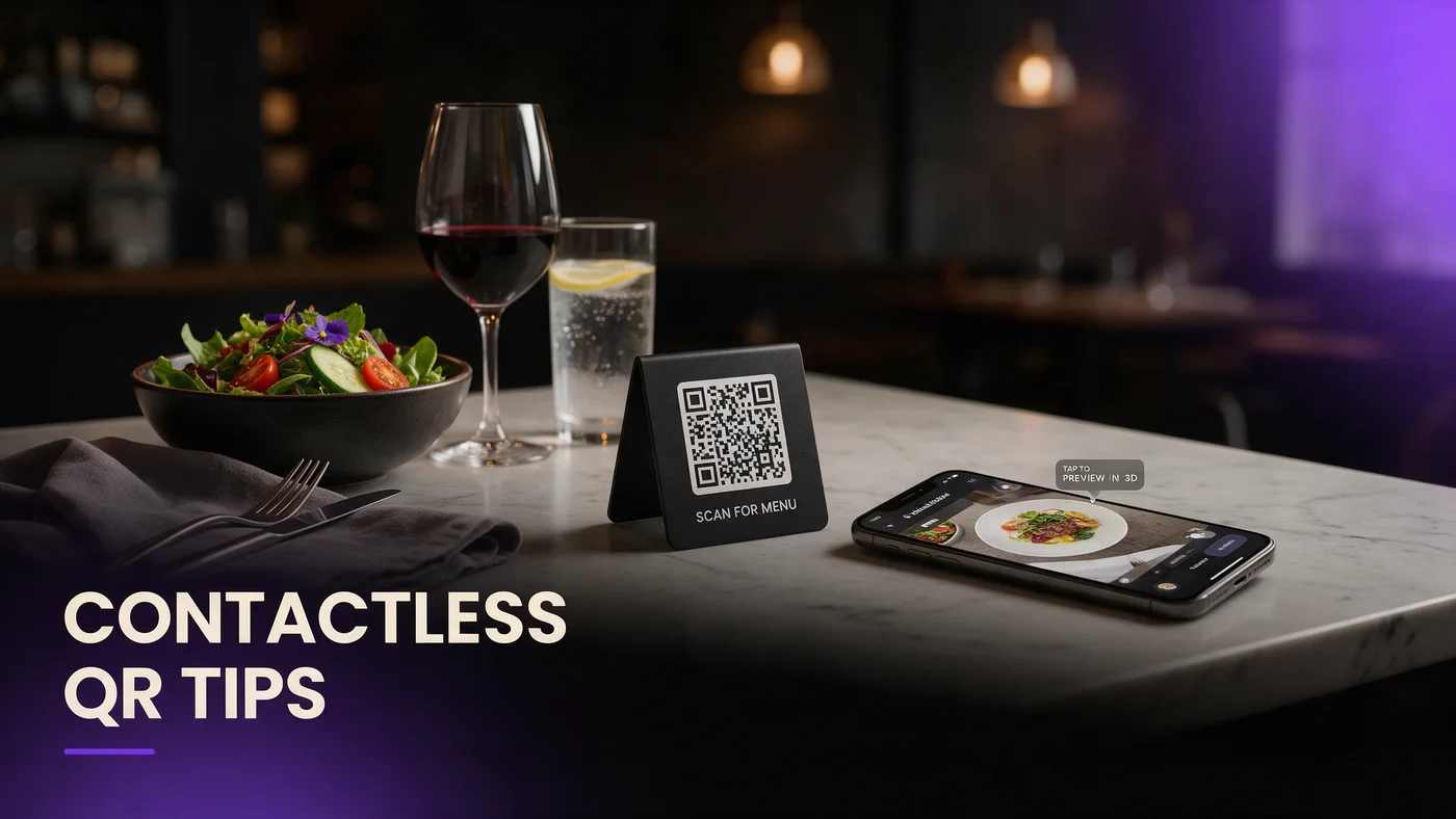Contactless QR Menu Best Practices for Independent Restaurants (2026) A clean, glare free QR table tent sitting at eye level on a restaurant table during service