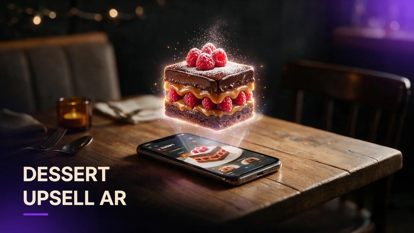 Increase Dessert Upsell With an AR Menu (Free, 2026) A glossy layered dessert shown in 3D AR preview on a phone screen at a restaurant table